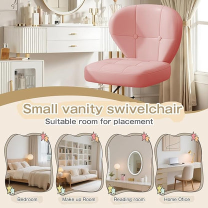 Vanity Chair with Back – Small Armless Office Chair with Wheels, Lumbar Support, PU Leather, Adjustable Height, 360° Swivel for Home, Bedroom, Office (Pink Set of 2)