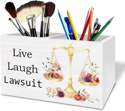 Funny Lawyer Gifts Pen Holder for Desk, Live Laugh Lawsuit Justice Scale Wooden Box Sign Desk Decor for Law School Office Decoration, Attorney Gifts for Women Pencil Organizer