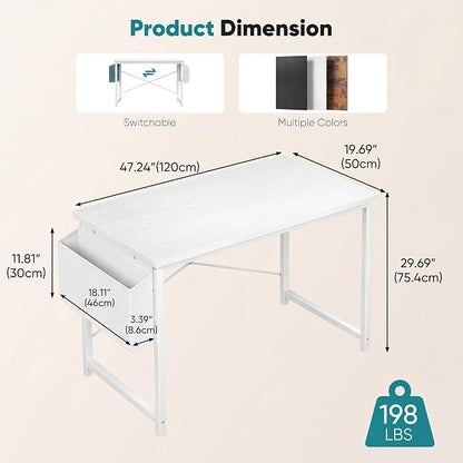 OLIXIS Computer Desk, 47 Inch Home Office Desks for Small Spaces, Writing Craft Study Gaming Table for Bedroom, Modern Computer Workstation with Storage Bag and Headphone Hook, White