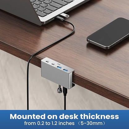 EJAY Desk Clamp USB Hub, 10Gbps Mountable USB C Hub Multiport Adapter, Aluminum Desktop Hub Desk Mount for iMac, Mac, PC, Under Desk USB Port Expander Splitter for Workstation, Silver