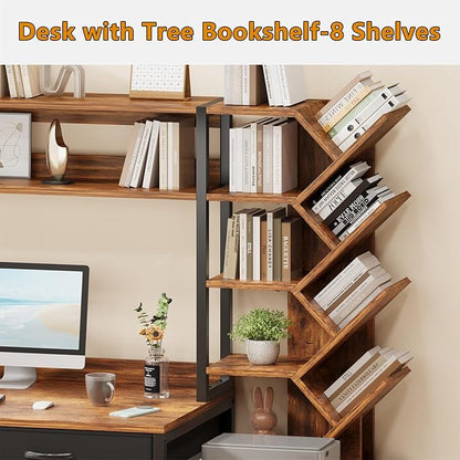 YOMILUVE Reversible Computer Desk with Hutch, Home Office Desk with 5 Drawers and Bookshelf, 52'' Study Writing Desk with Storage Shelves for Bedroom Home Office, Rustic Brown