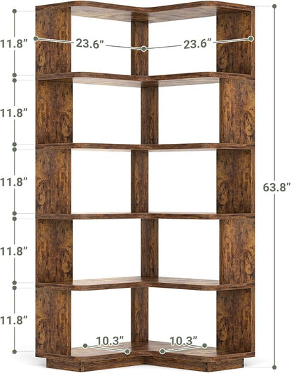Armocity Corner Book Shelf - 6 Tier Corner Bookshelf Etagere Bookcase with Baffle, Freestanding L Shaped Display Shelf Stand for Home Office, Living Room, Bedroom, Kitchen, Rustic Brown