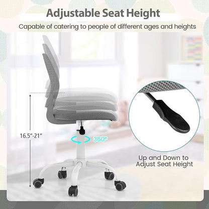 POWERSTONE Small Home Office Desk Chair, Swivel Rolling Study Computer Chair, Adjustable Height Task Chair with Armless Mid Back, Upholstered Mesh Seat, Grey