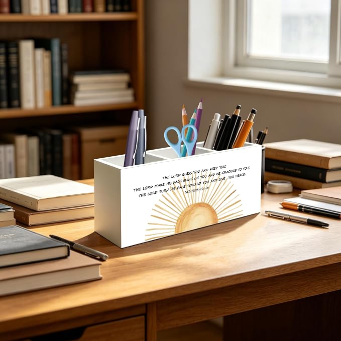 Boho Sunshine Christian Numbers 6:24-26 Pen Pencil Holder Organizer for Home Office Classroom Desk Accessories, Inspirational Bible Verse Religious Wood Signs for Desk Tabletop Decor