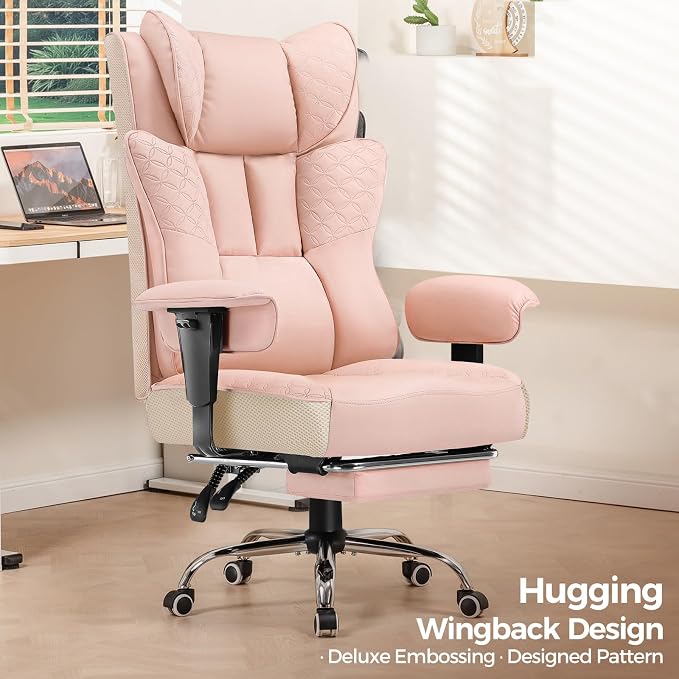 GTPLAYER Big and Tall Office Chair, Wide Ergonomic Gaming Chair with Deluxe Embossing Designed Leather with Foot Rest,150°Reclining Adjustable Soft Armrests Pocket Spring Back Support and Pillow
