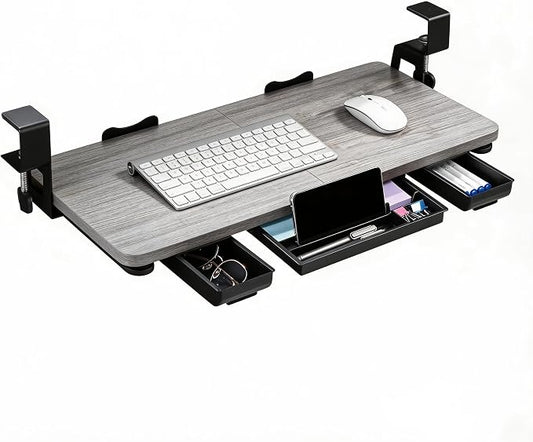 Keyboard Tray Under Desk with Drawer,26.77" X 11.81" Keyboard Tray Large Size with C Clamp-on Mount, Easy to Install, Save Space for Office Desk (Grey)