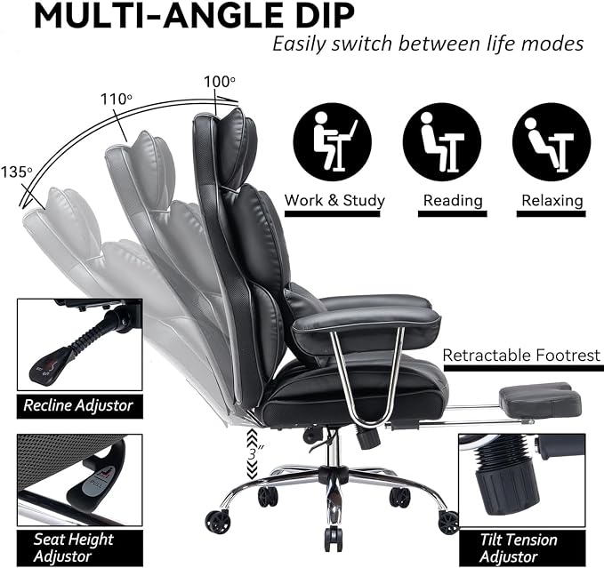 Efomao Big and Tall Office Chair with Foot Rest 400LBS, PU Leather Computer Chair, Heavy Duty Executive Office Chair with Lumbar Support, Black Home Office Chairs | 400lbs support, 135° recline, dual-layer foam cushion, 23.5" seat & footrest. BIFMA