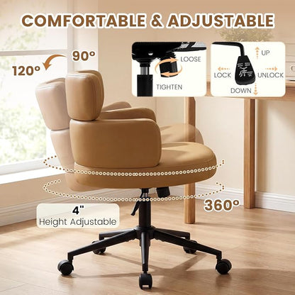 Leather Home Office Chair with Unique Curved Back, Wide Seat Computer Desk Chair with Wheels,Swivel Tilt & Height Adjustable,Matel Base for Home Office, PU Brown