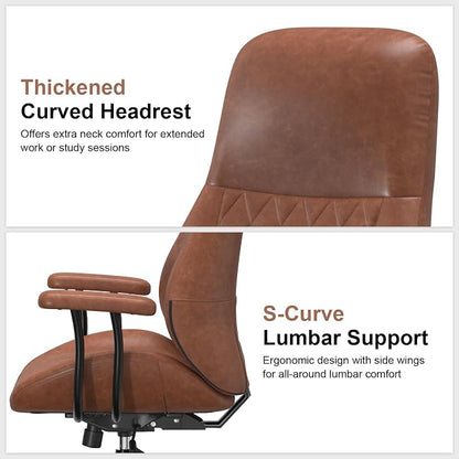 E-Ser Leather Desk Chair, Mid Century Modern Office Chair, Brown | Lumbar Support, Ergonomic, 360° Swivel, Rubber Rolling Wheels, Adjustable Height, for Adults