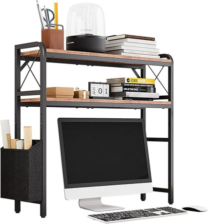 Desktop Shelves, Monitor Stand with Adjustable Shelves and Side Pockets, 2-Tier Desktop Bookshelf Organizer, Large Capacity Display Shelf Rack, Desk Hutch for Home Office, Rustic Brown