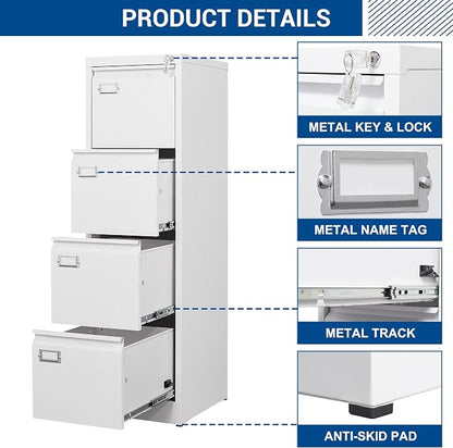 Fesbos File Cabinets - 4 Drawers Vertical 17.8" Deep Lockable Filing Cabinet - White Metal Storage Cabinets for Home Office to Hanging Files Letter/Legal/F4/A4 Size