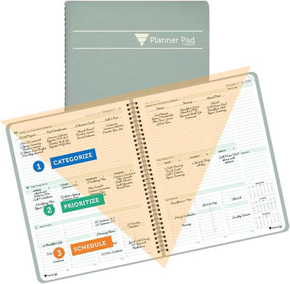 Planner Pad Spiral Bound 3-Tier Funnel Down 12 Month Organizer, October 2026 – September 2027, Greenish Grey Cover/Soft Green Ink, 8 1/2" x 11"