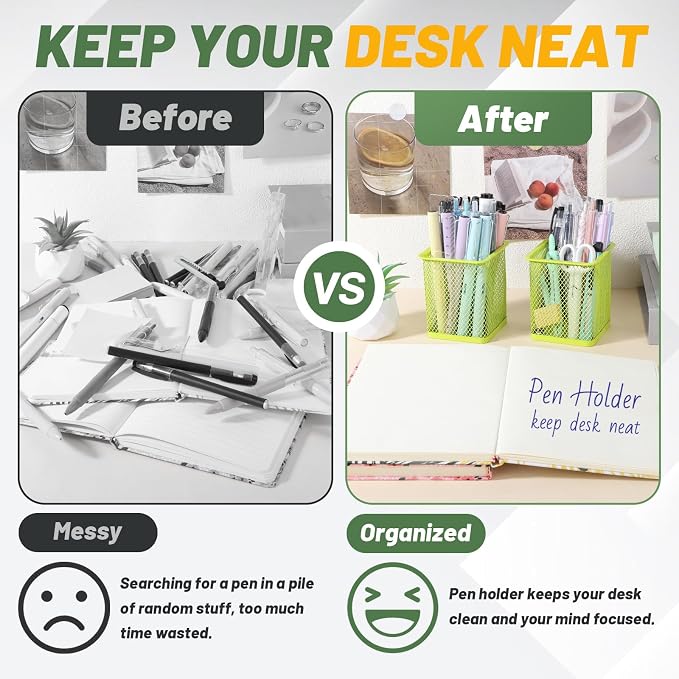Segarty Pen Cup, 12 Pack Square Light Green Pen Holder for Desk, Cute Mesh Pencil Cups Holder for Marker, Office Supply, School Students, Home, Desktop Accessories Storage Organizer