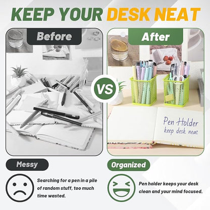 Segarty Pen Cup Holder, 3 Pack Square Light Green Pen Holder for Desk, Cute Mesh Pencil Cups Container Set Desktop Organizer for Office Supplies, School Classroom, Home Storgae and Organization