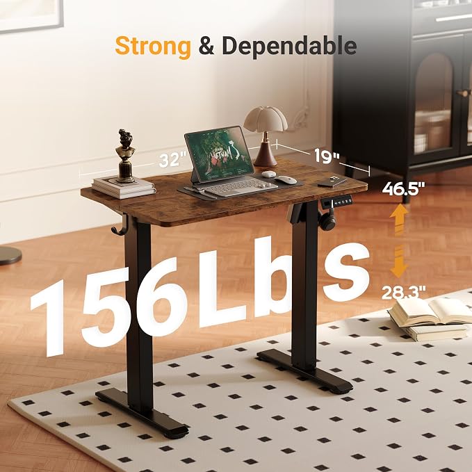 YDN 32" Small Electric Standing Desk Adjustable Height, Sit Stand up Desk with Memory Presets & Cable Management, Home Office Desk for Office & Computer Workstation, Black Frame/Rustic Brown Top