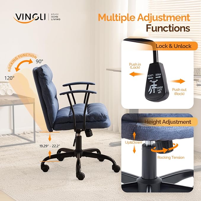 VINGLI Comfortable Office Desk Chairs with/No Wheels,Dual-Base,Removable Armrests,Adjustable Comfy Rolling Swivel Computer Nail Tech Chair for Office,Sewing,Makeup Vanity,Teen,Linen Fabric,Navy Blue