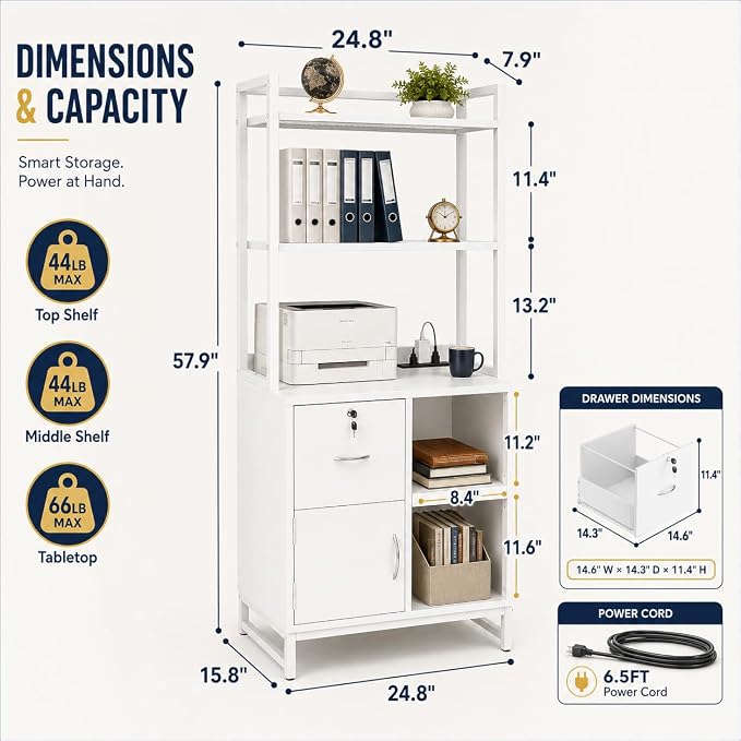 Homieasy Vertical Filing Cabinet with Bookshelf for Home Office, File Cabinet with Shelves, Lock & Charging Station, Drawer Office File Cabinets with Printer Stand, fits Letter Size, White
