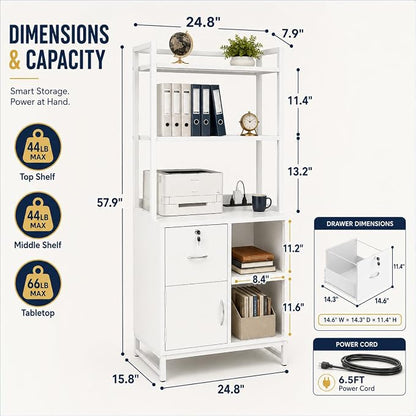 Homieasy Vertical Filing Cabinet with Bookshelf for Home Office, File Cabinet with Shelves, Lock & Charging Station, Drawer Office File Cabinets with Printer Stand, fits Letter Size, White
