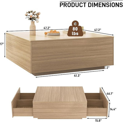 47 Inch Large Square Coffee Table with Storage,Modern Wooden Coffee Tables with 2 Drawers Storage for Living Room,Mid Century Tea Table/Aesthetic Coffee Table Center Table for Home Office(Oak)