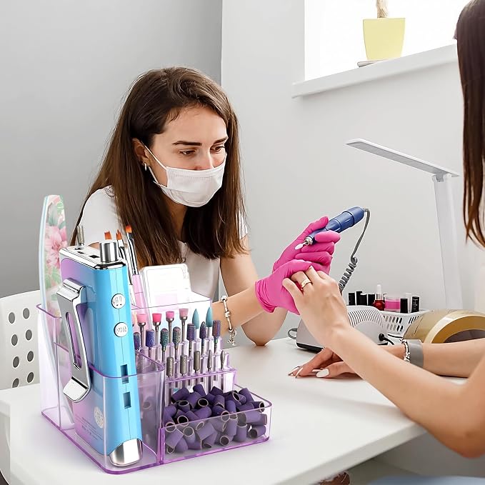 Nail Drill Holder, 21 Holes Nail Drill Machine & Bits Storage Box, Acrylic Nail Drill Bit Holder Professional Nail Tools Organizer, Nail Desk Organizer for Nail Tech (Purple)