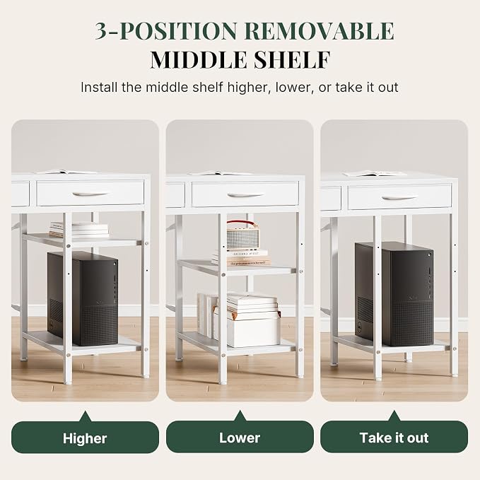 47" Computer Desk with 6 Drawers, Home Office Gaming Desks with Storage Shelves for Bedroom, Writing Study Corner Living Room Work Table White