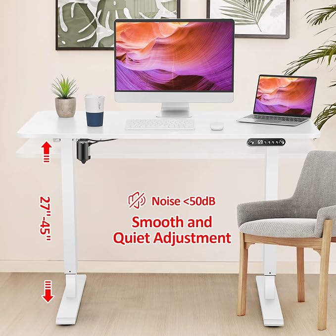 Electric Standing Adjustable Height Desk, 55'' x 24''Computer Workstations with Wheels and Double Hooks, 27''-46'' Lifting Range Stand up Desk(White)