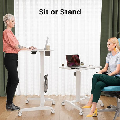 Gibbon Mounts Mobile Standing Desk, Height Adjustable Rolling Laptop Desk, 27 inches Portable Sit Stand Desk with Wheels and Hook, Pneumatic Computer Table, White