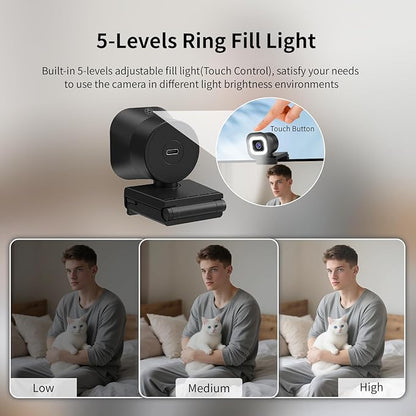 TOALLIN 4K Webcam with Ring Light, Remote Control, PDAF Autofocus, 1/2.5" Sensor & 12MP, Built-in Dual Mics, 5X Digital Zoom and Image Mirroring, Web Camera for Live-Streaming/Meetings/Video Calls