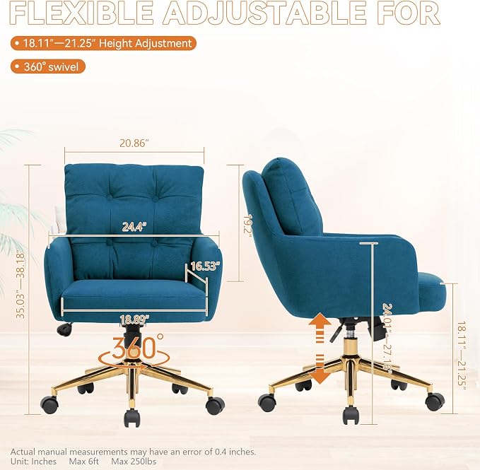 Flannel Office Chair, Comfy Home Office Desk Chairs with Lumbar Support, Modern Velvet Desk Chair Gold Legs Small Swivel Task Chair for Home Office, Bedroom, Study (Blue, XL)