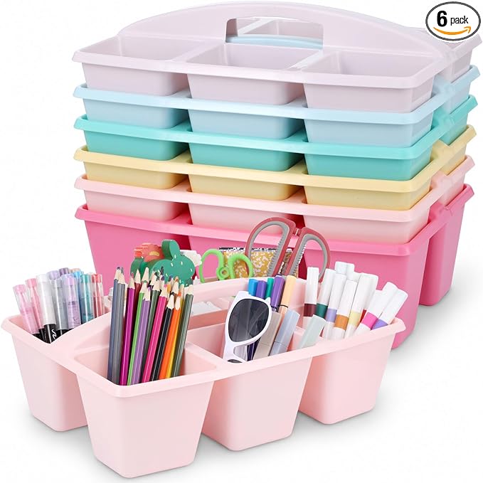6 Pack Assorted Colors 6 Compartment Classroom Caddy with Handle Portable Plastic Storage Classroom Caddies Organizer for Classrooms Supply Teacher Office Table Desk(Pink Purple)