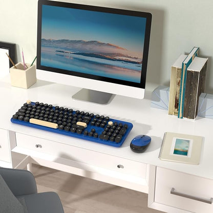 Colorful Wireless Keyboard and Mouse Combo, Retro Typewriter Style Round Keys, 2.4GHz Ergonomic Aesthetic Computer Keyboard with Wrist Rest for Mac, Windows, Laptop, PC(Klein Blue)