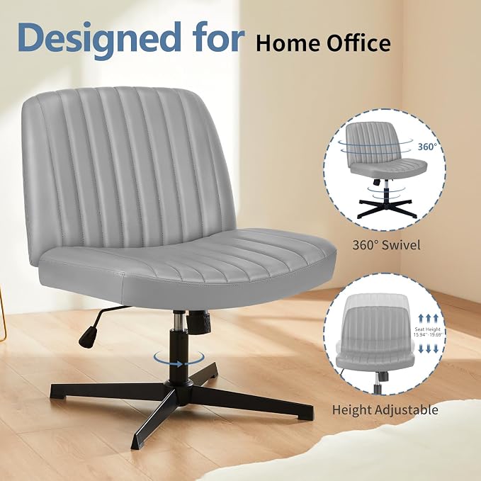 DUMOS Criss Cross Chair No Wheels, Wide Seat Cross Legged Office Desk Vanity Chair, Faux Leather Armless Height Adjustable Swivel Task Computer Chairs for Home, Study, Grey PU