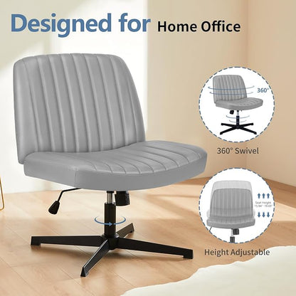 DUMOS Criss Cross Chair No Wheels, Wide Seat Cross Legged Office Desk Vanity Chair, Faux Leather Armless Height Adjustable Swivel Task Computer Chairs for Home, Study, Grey PU