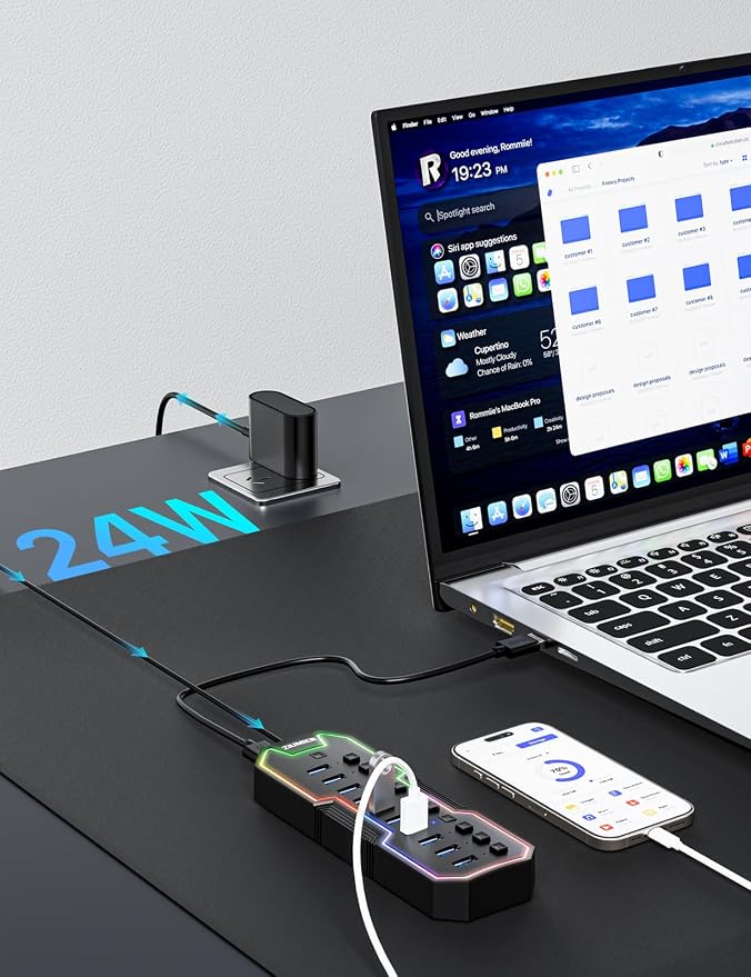 ZIUMIER Powered USB Hub, 10 Ports USB 3.0 Hub with RGB LED Strip | 12V/2A Power Adapter USB Extension,Individual LED On/Off Switches for Mac, PC, Desktop, Flash Drive, Mobile HDD