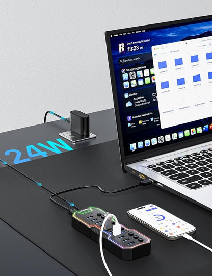 ZIUMIER Powered USB Hub, 10 Ports USB 3.0 Hub with RGB LED Strip | 12V/2A Power Adapter USB Extension,Individual LED On/Off Switches for Mac, PC, Desktop, Flash Drive, Mobile HDD