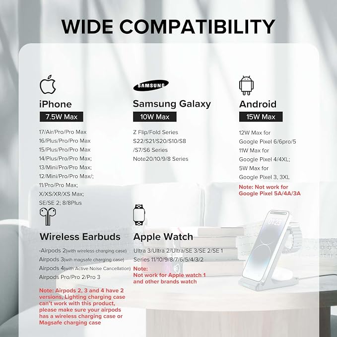 Wireless Charging Station, 3 in 1 Fast Wireless Charger Stand for Multiple Devices Apple Watch Ultra Series 11 10 9 8 7 6 SE 5 4 3 2, iPhone 17 16 15 14 13 12 11 Pro Max/Plus/Air/X/XS/XR/SE, Airpods