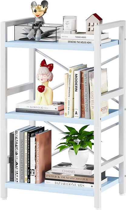 Homeiju Bookshelf, 3 Tier Industrial Bookcase, Metal Small Bookcase, Rustic Etagere Book Shelf Storage Organizer for Living Room, Bedroom, and Home Office(Blue) Patent Pending D29873033