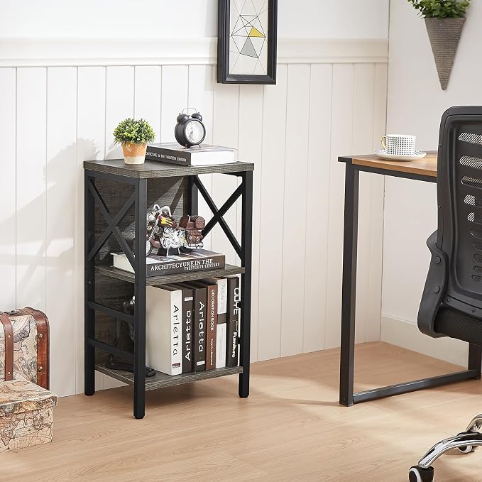 MNEETRUNG Small Bookcase,3 Tier Industrial Bookshelf with Metal Frame and Backboard,Low Grey Book Shelf,Book case for Small Spaces,Living Room,Bedroom and Home Office