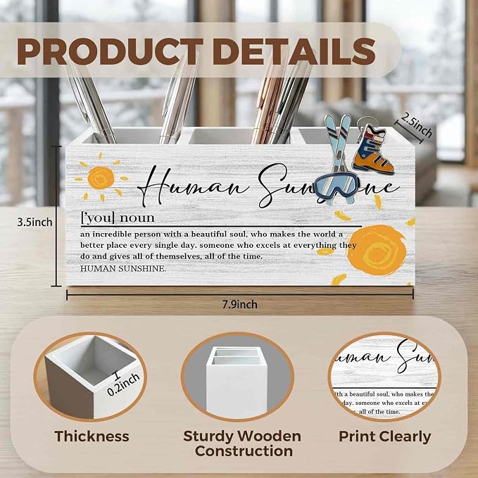 Human Sunshine Inspirational Pencil Pen Holder for Desk Organizer, Human Sunshine Gifts, Encouragement Gifts, Motivational Wooden Box Decorations for Home Office Bedroom Desk Tabletop Decor