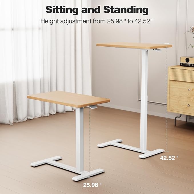 ROMOON Over Bed Bedside Table with Wheels, Rolling Height Adjustable Overbed Desk, Mobile Laptop Cart with Sturdy Frame for Hospital, Home and Small Spaces (27.6" W x 15.7" D, Natural Oak)