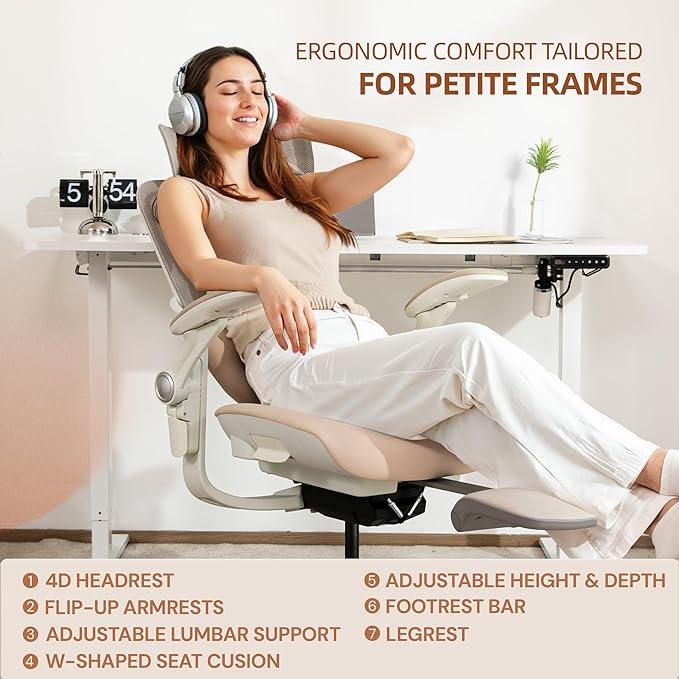 CabLady S2 Petite Office Chair for Women & Small Frames | 330lb Capacity, 4D Adjustable Lumbar/ Headrest, Flip-Up Arms & Footrest, Ergonomic Desk Chair