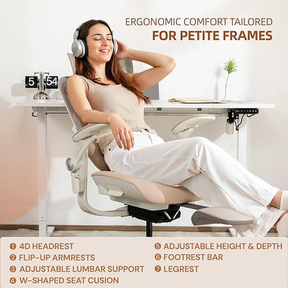 CabLady S2 Petite Office Chair for Women & Small Frames | 330lb Capacity, 4D Adjustable Lumbar/ Headrest, Flip-Up Arms & Footrest, Ergonomic Desk Chair