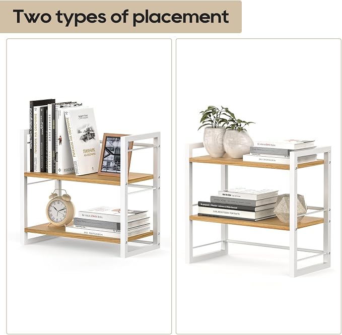 Office Desk Shelf Organizer, Wood Desktop Bookshelf Supplies Storage Rack, Shelf for Top of Desk and Dresser (White-2 Tier)