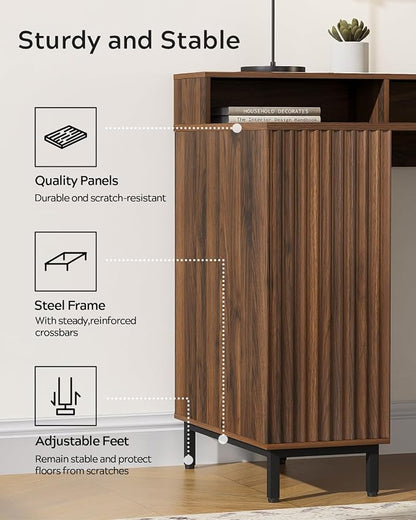EYYTHUNG Brown Fluted Executive Desk with Storage Shelf & File Drawer, 55" Modern Wood Office Desk with Monitor Stand & Charging Station, Home Writing Computer Table for Work Study