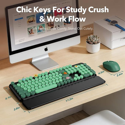 Wireless Keyboard and Mouse Combo, Round Keycaps, Full-Size Retro Typewriter Keyboard with Magnetic Wrist Rest, Tilt Legs, 2.4GHz Cordless for Mac, Windows PC, Laptop, SABLUTE CK23, Black & Green