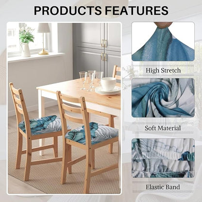 SearchI Water Repellent Seat Covers for Dining Chairs, 6 Pack Jacquard Stretch Dining Room Chair Seat Covers, Kitchen Chair Seat Covers Protectors(Blue Foliage)