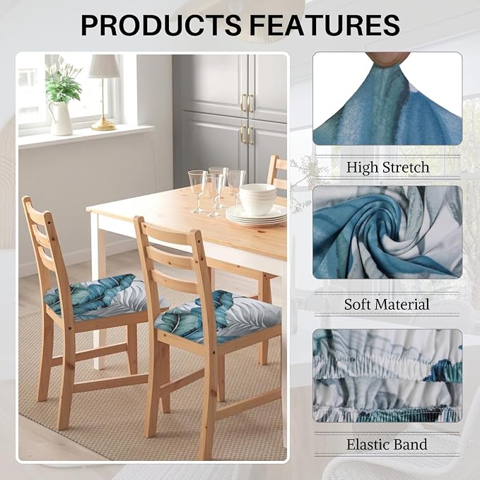 SearchI Water Repellent Seat Covers for Dining Chairs, 4 Pack Jacquard Stretch Dining Room Chair Seat Covers, Kitchen Chair Seat Covers Protectors(Blue Foliage)