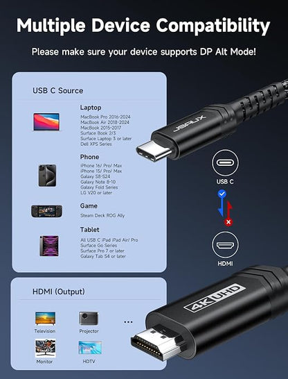 JSAUX USB C to HDMI Cable 6.6ft | 4K@60Hz USB 3.1 Type C to HDMI 2.0 Cord, Compatible with Thunderbolt 3/4, iPhone 17/Pro/Pro Max,16/Pro/Pro Max, MacBook Pro/Air, Galaxy S8 to S24, iPad Pro,iMac-Black