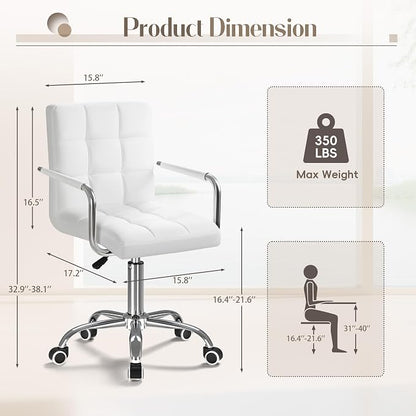 Furmax Vanity Office Chair with Wheels, Makeup PU Leather Executive Chair Modern Adjustable Home Desk Retro Comfortable Work Chair 360 Degree Swivel with Arms (White)