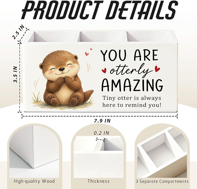Positive Otter Pen Pencil Holder Desk Accessories Gifts for Women | Cute Otter Inspirational Pen Pencil Wooden Organizer Office Accessories Decorations for Dorm Room Bedroom Tabletop Desk Decor